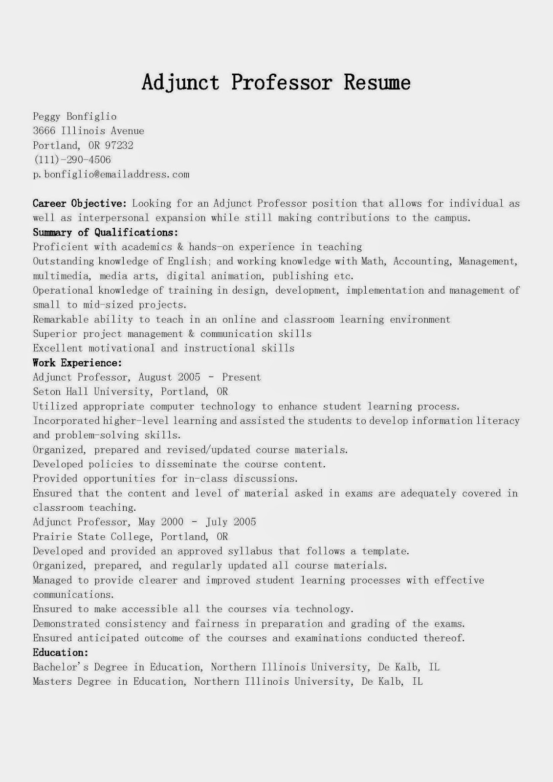 Resume examples for adjunct professors